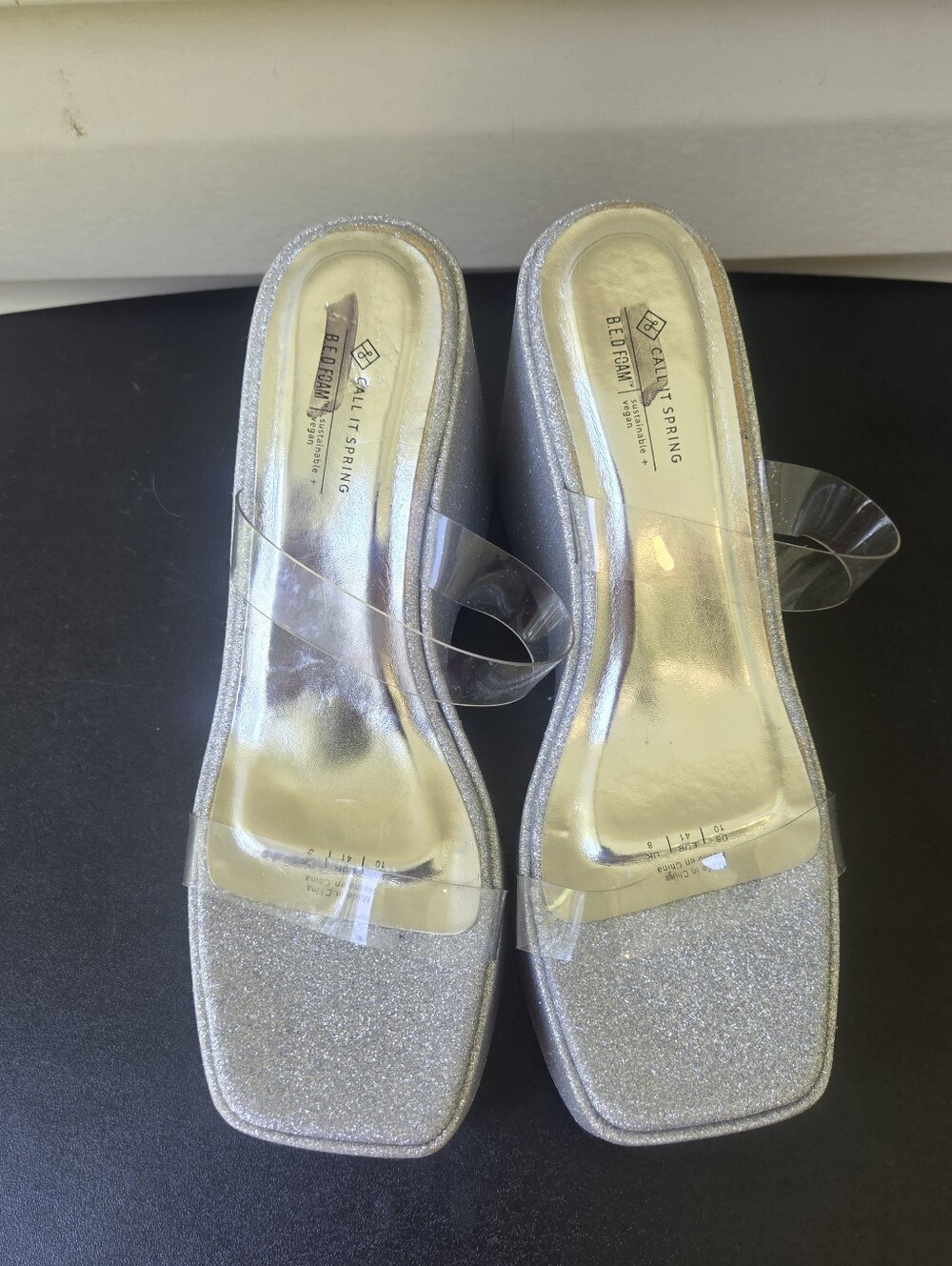 Call It Spring Silver Glitter Clear Strap Slide Mules